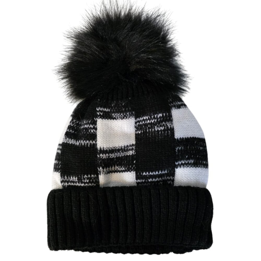 EUC Black & White Knit Cap with Fuzzy Ball top!